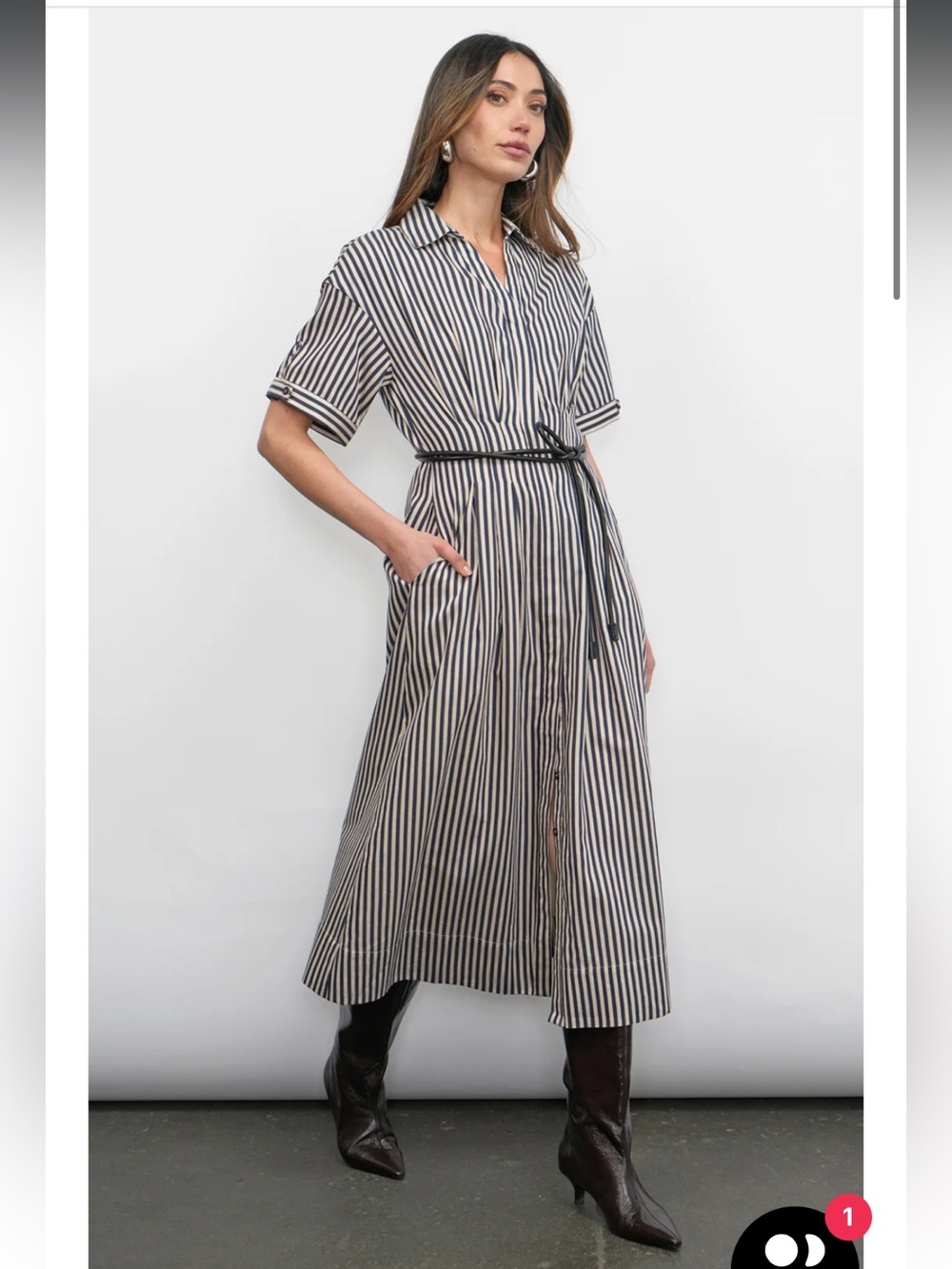 greylin vanisa navy blue cream stripe button front midi shirt dress small NEW - Picture 9 of 9